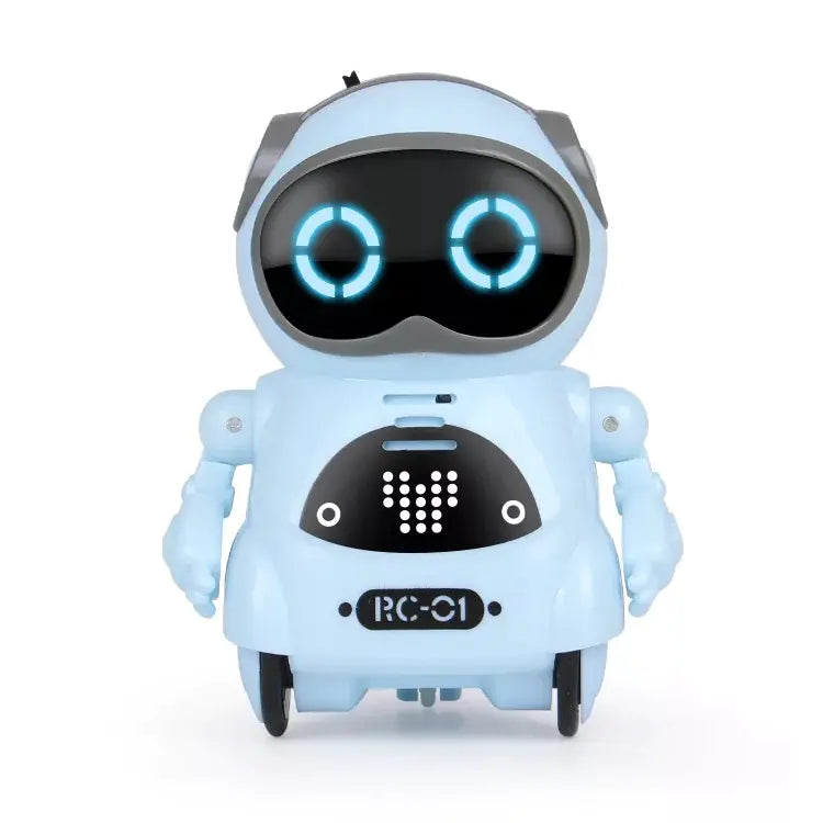 Toy robot with glowing eyes on a white background