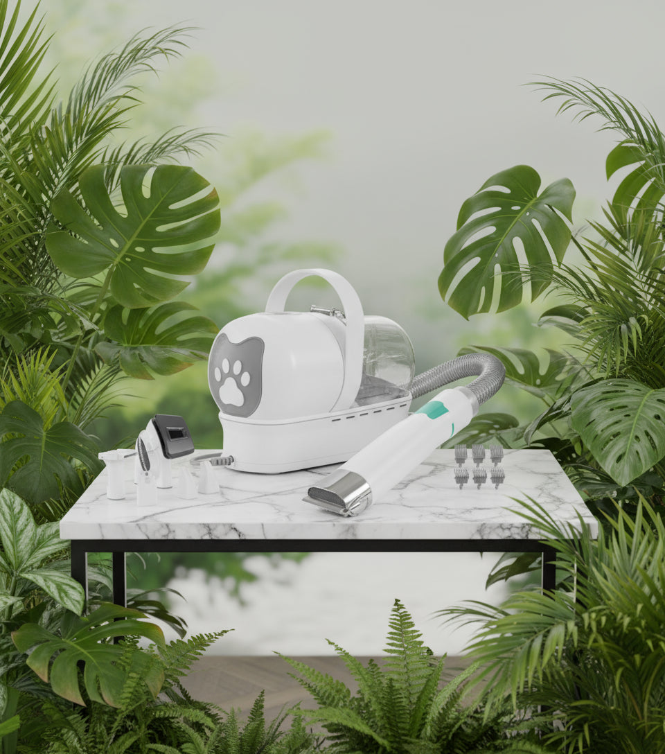 White pet grooming tool set with attachments on a white background