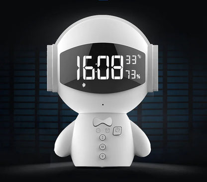 White robot-like device with digital display on a dark background