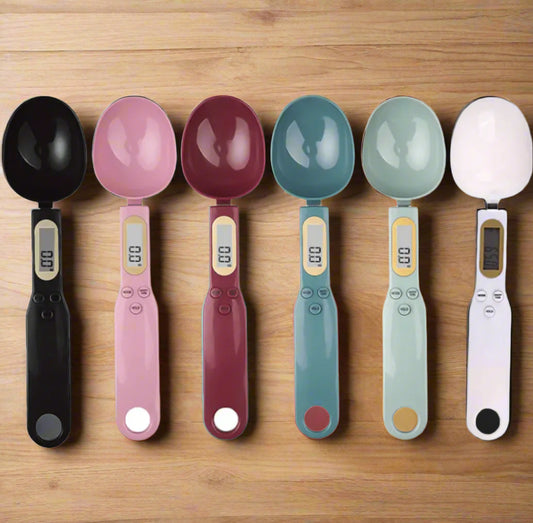 Set of six colorful digital measuring spoons on a white background