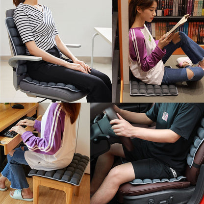 Collage of people using a gray seat cushion in various settings.