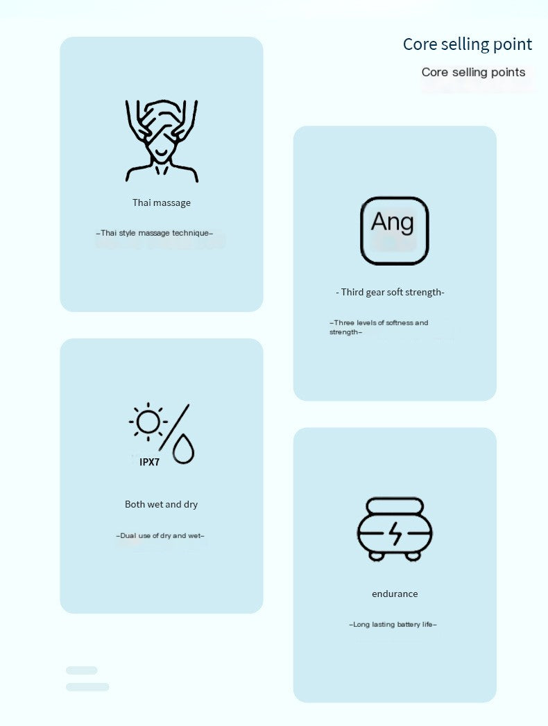 Set of icons and text describing core selling points on a light blue background