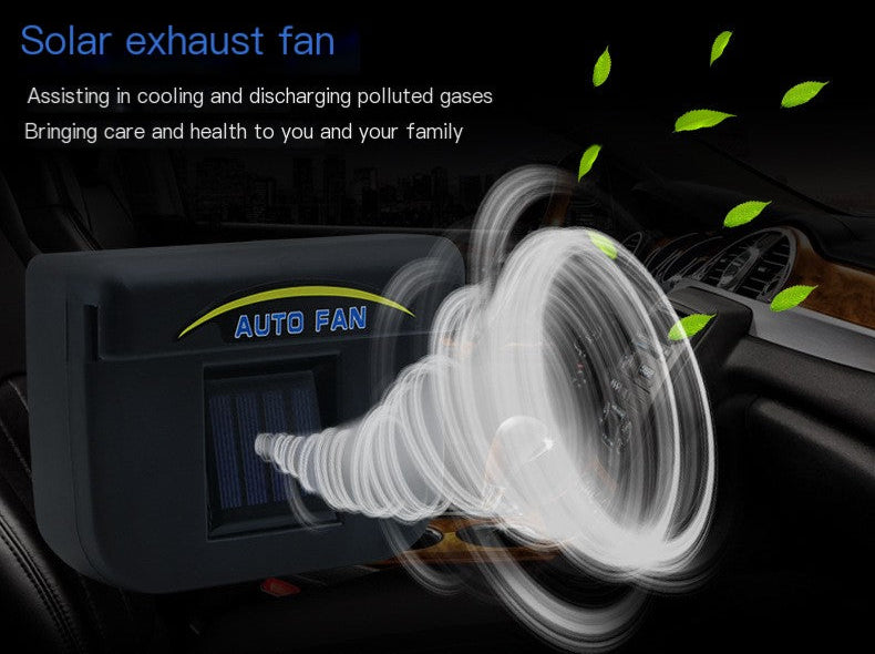 Solar exhaust fan in a car interior with text about cooling and discharging gases.