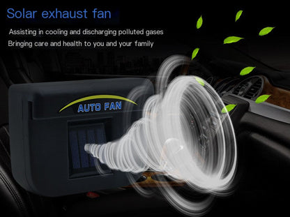 Solar exhaust fan in a car interior with text about cooling and discharging gases.