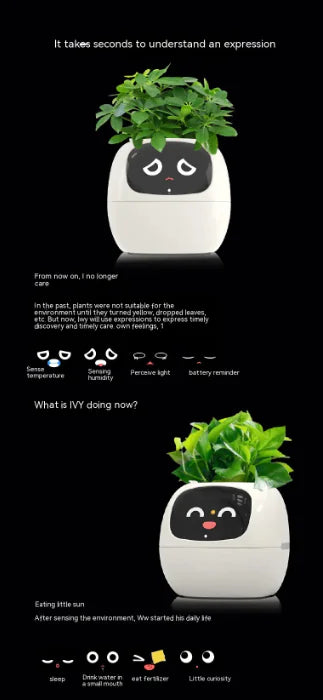 Smart plant pot with a face displaying emotions and information on a black background
