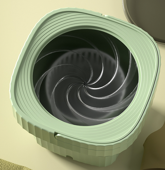 Green spiral-patterned container on a beige background