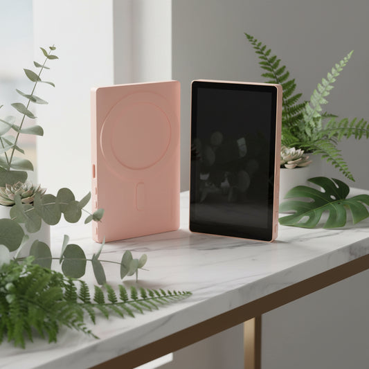 Rose gold tablet case with a black screen on a white background