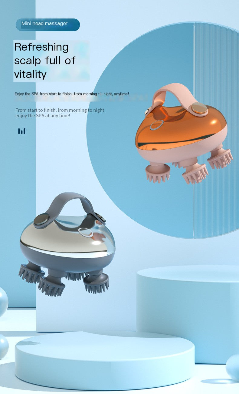 Two small, round scalp massagers on a light blue background with text about scalp health.