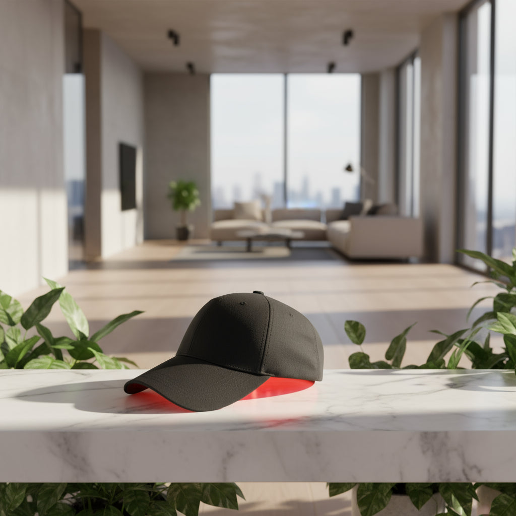 Black cap with red LED lights on a white background