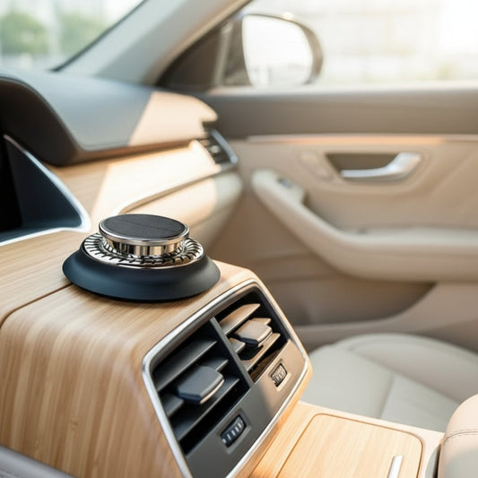 Car air freshener with solar panel on a car dashboard