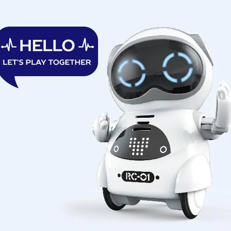 White robot with blue lights and a 'HELLO LET'S PLAY TOGETHER' speech bubble on a light gray background