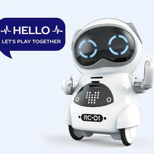 White robot with blue lights and a 'HELLO LET'S PLAY TOGETHER' speech bubble on a light gray background