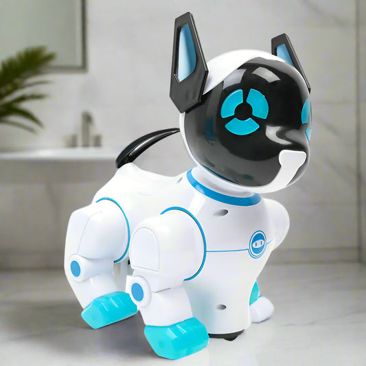 Toy robot dog with black and blue face on a white background