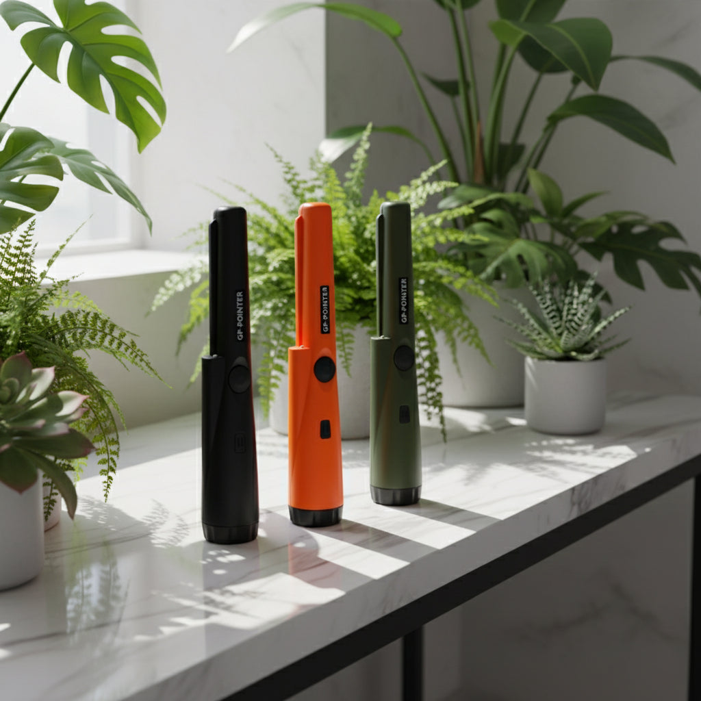 Three G.P. Pointer devices in black, orange, and green on a white background