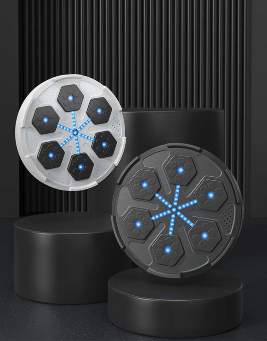 Two hexagonal devices with blue lights on a black background, accompanied by text.