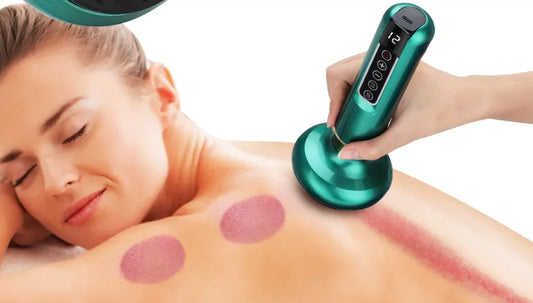 Woman receiving a massage with a green handheld massager on a white background