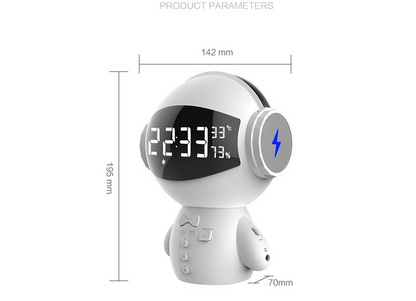 White robot-like device with digital display and measurements on a white background