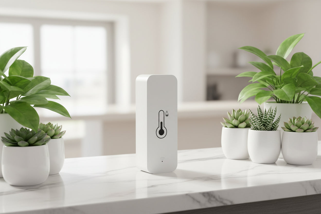 Smart temperature and humidity sensor with Tuya and WiFi logos, and a smartphone app displayed.