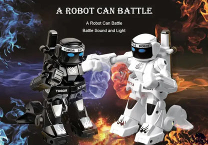 Two robot toys, one black and one white, with battle sound and light effects on a fiery and mystical background.