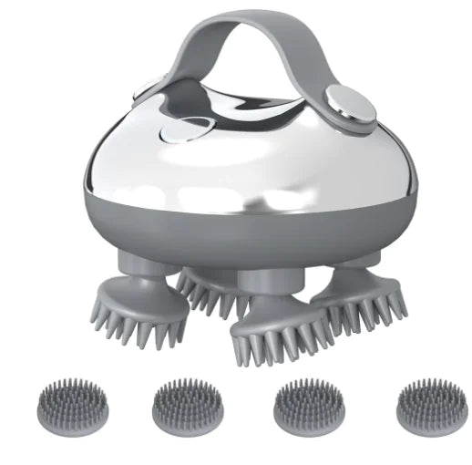 Gray and silver handheld massager with interchangeable heads on a white background