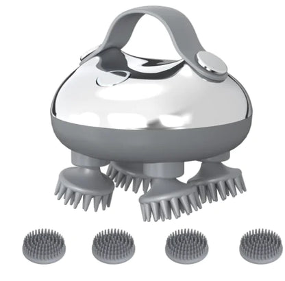 Gray and silver handheld massager with interchangeable heads on a white background