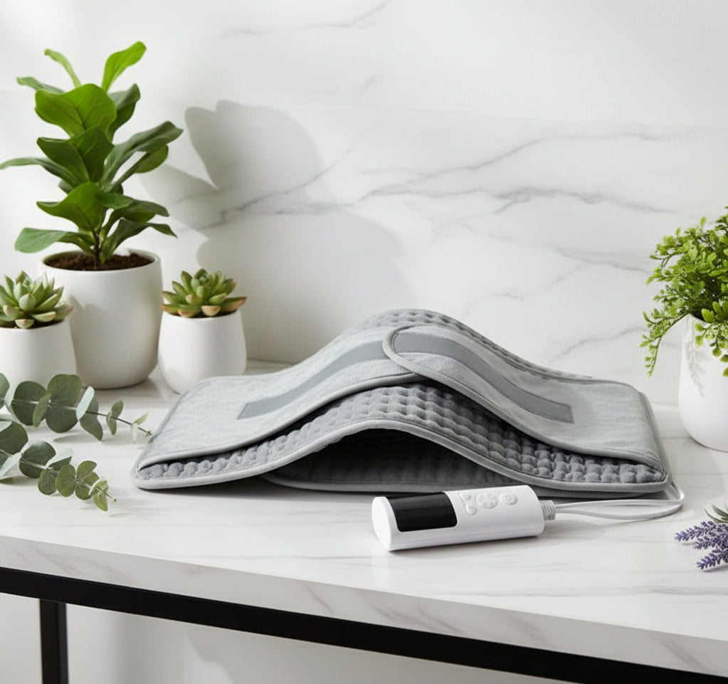 Gray heating pad with power cord and packaging on a white background