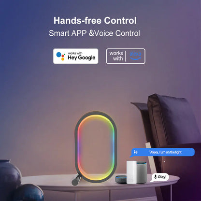 Smart light fixture with 'Hey Google' and 'Alexa' logos on a living room background