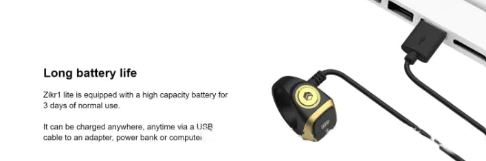 Small electronic device with a USB cable on a white background, featuring text about battery life.