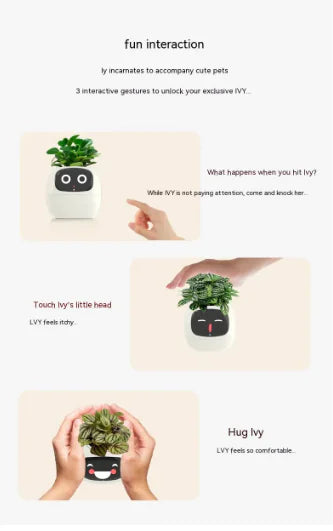 Promotional image of a small plant-like device with animated face, showing gestures and interactions.