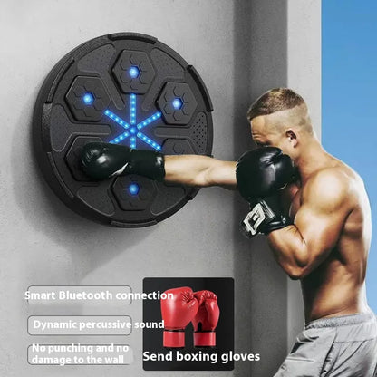 Person wearing boxing gloves hitting a wall-mounted punching bag with text about smart Bluetooth connection and dynamic percussive sound.