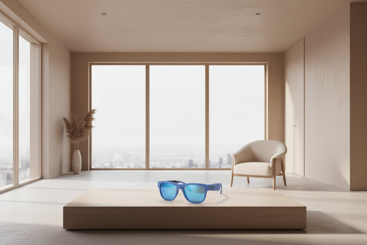 Blue sunglasses with a white background