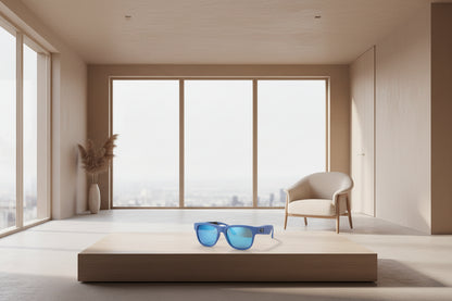 Blue sunglasses with a white background