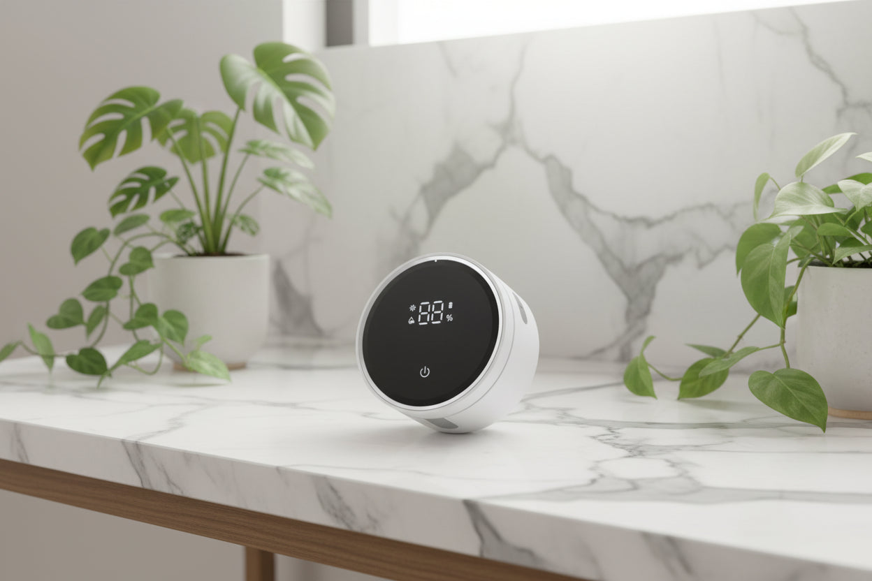 Round digital device with black display on a white background