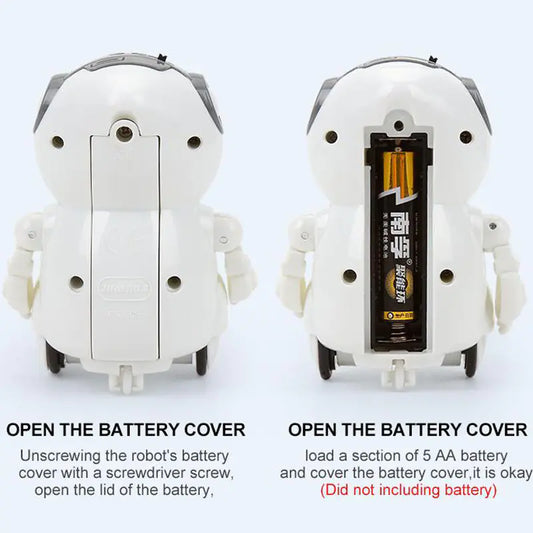 Two views of a robot toy with battery cover instructions on a white background