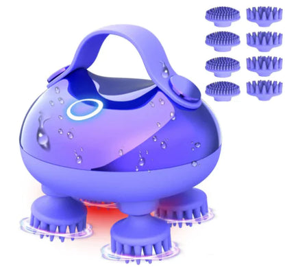 Purple handheld massager with multiple attachments on a white background