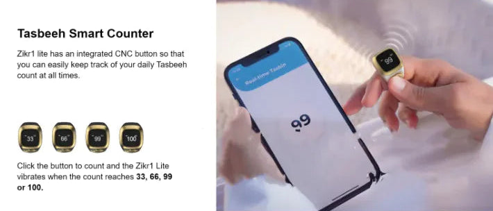 Smart phone app with Tasbeeh smart counter and a hand wearing a Tasbeeh device.
