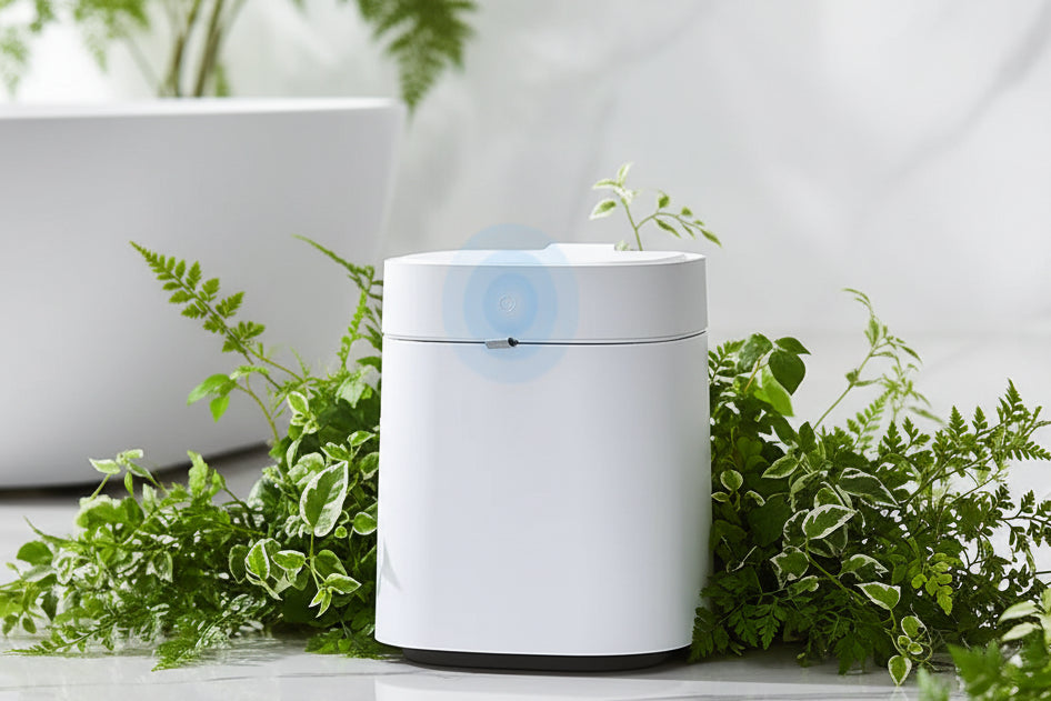 White cylindrical auto trach can device on a light gray surface with text describing features.