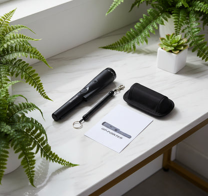 Black GP-pointer with carrying case and keychain on a white background