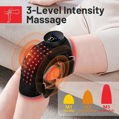Massage device on a person's wrist with 3-level intensity indicator.