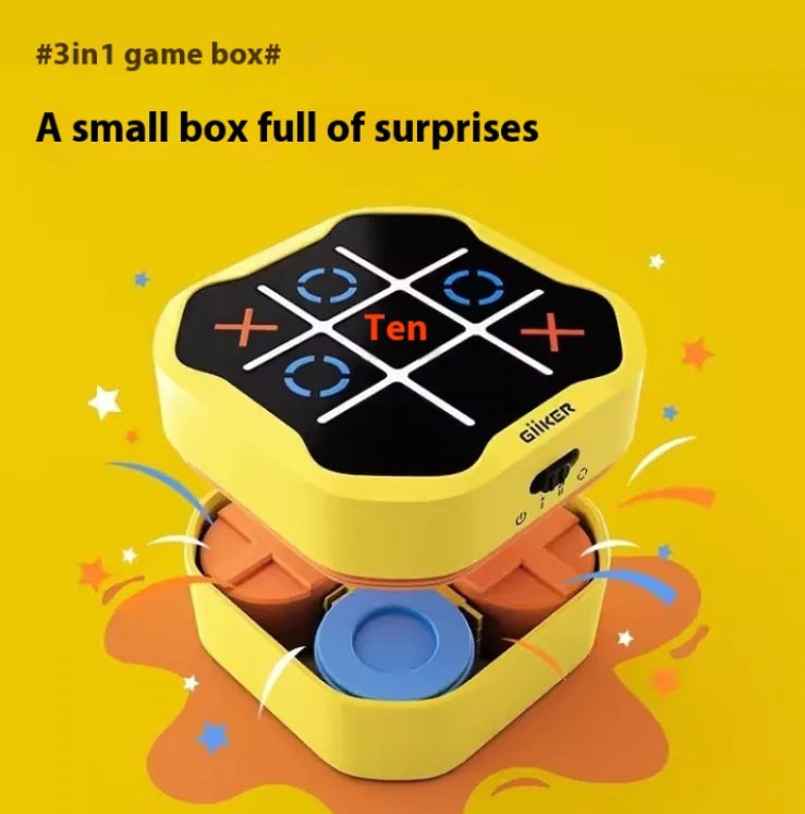 Yellow 3-in-1 game box with Tic-Tac-Toe and other games on a yellow background