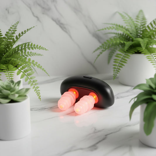 Black handheld nasal respirator with red light and pink massage balls on a white background