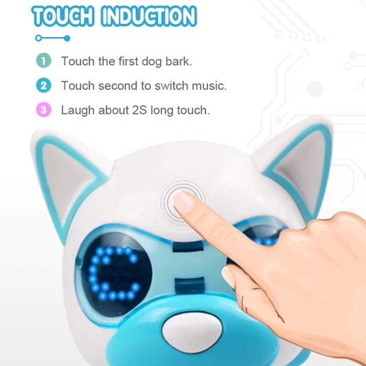 Dog-shaped device with touch induction features on a white background