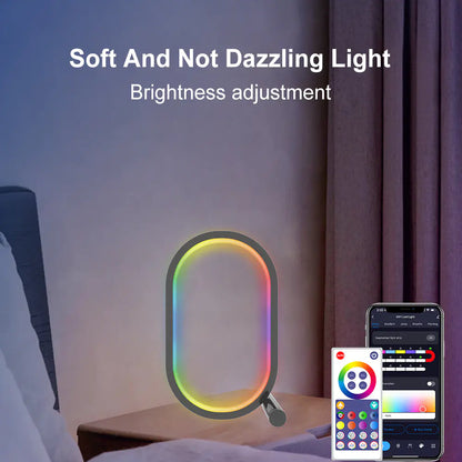 Smart light on a bedside table with smartphone app interface, soft lighting effect.
