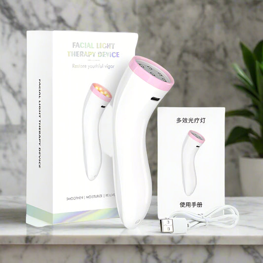Facial light therapy device with packaging and USB cable on a white background