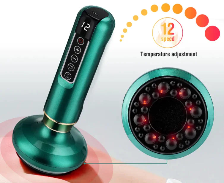 Green handheld massager with digital display and red LED lights on a white background