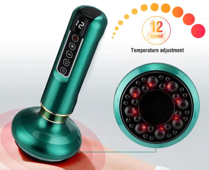 Green handheld massager with digital display and red LED lights on a white background