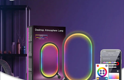 Desktop atmosphere lamp with packaging, remote control, and smartphone app on a purple background