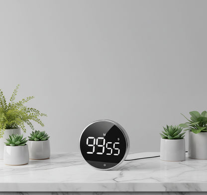 Digital timer with a black display and silver casing on a white background