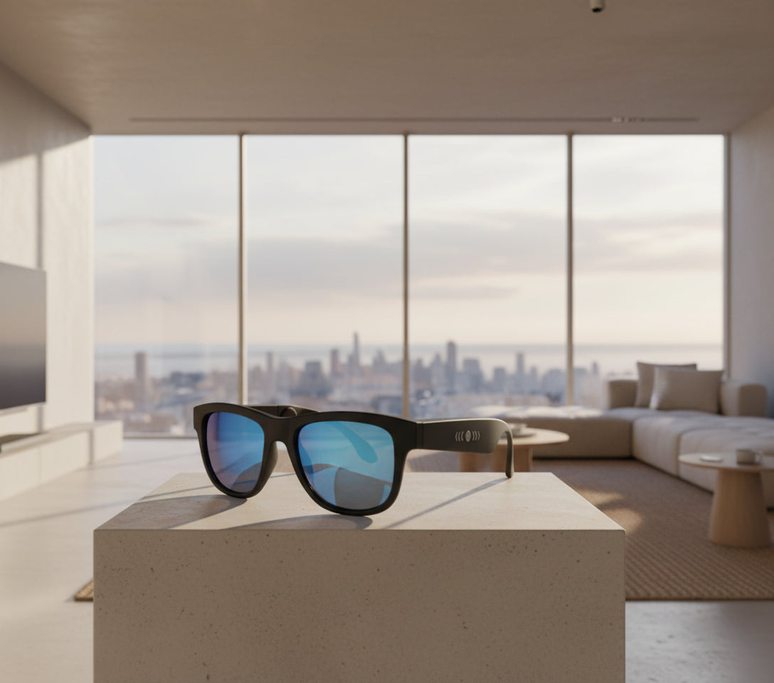 Black sunglasses with blue lenses on a white background