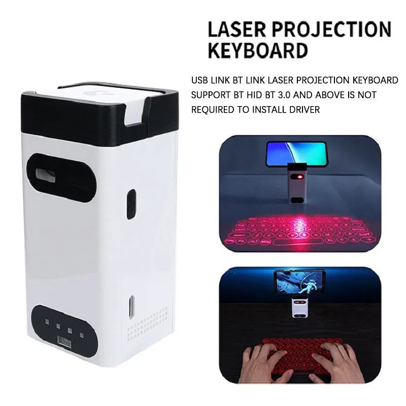 Laser projection keyboard with USB link and BT link features, shown with images of use and text on a white background.